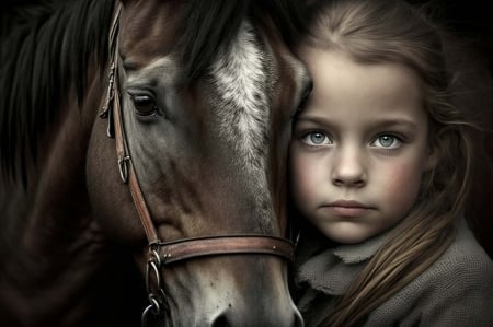  Little girl with a horse - aranyos, allat, portre, lany, Egy lany es a lova