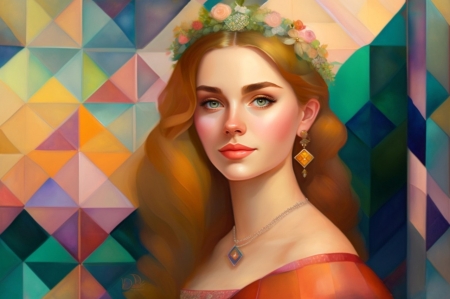 Portrait - geometriai, hosszu haj, lany, muveszet, nezes, portre, szines, viragkoszoru