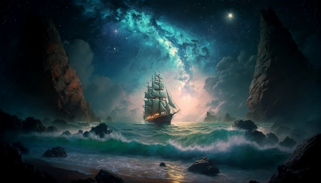 Ship - water, ship, sea, night, stars, fantasy, world, fel x, felx, art, luminos, sky