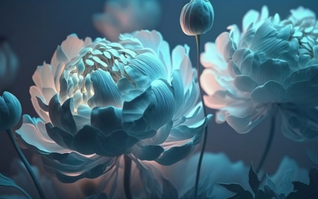 Peonies - blue, neuroset, bujor, art, fantasy, flower, peony, luminos