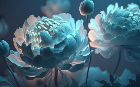 Peonies - peony, fantasy, neuroset, blue, flower, art, bujor, luminos