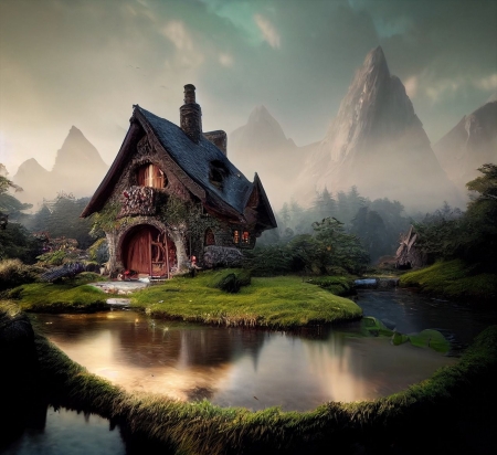 Mystical hobbit house - egbolt, erdo, hegy, hobbit haz, misztikus, novenyzet, tavacska, termeszet