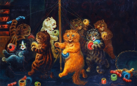 The Maypole - maypole, pictura, fantasy, louis william wain, painting, pisici, art, cat