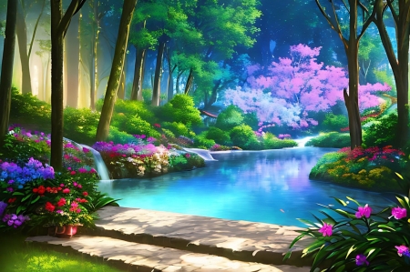 Beautiful colored forest - erdo, fak, novenyzet, szines, tajkep, tavacska, termeszet, viragok