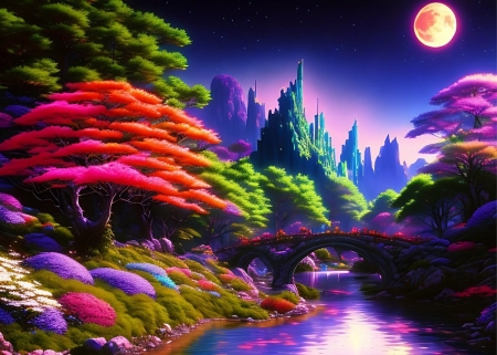 Colorful landscape - absztrakt, folyo, hegyek, hidak, novenyzet, szines egbolt, szines tajkep, szines viragok, termeszet