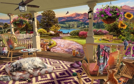 Cozy Front Porch - artwork, chair, dog, flowers, landscape, painting, pond, table, trees