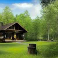 Log house in the green forest