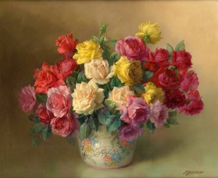Roses - rose, painting, art, pictura, flower, red, yellow, vase, pink