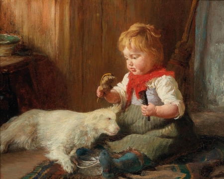 The Young Barber - art, barber, boy, child, childhood, copil, dog, felix schlesinger, painting, pictura