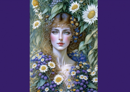 Lady & Flowers - AI Art, floral, flowers, illustration, woman, daisies, artt, purple, lady, pretty