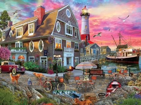 Harbor Inn - artwork, house, lighthouse, painting, ship, sunset