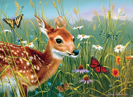 Springtime - artwork, blossoms, butterfly, deer, flowers, painting