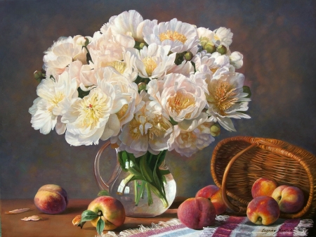 peonies and peaches - basket, fruits, white, peonies