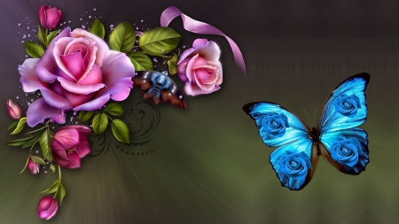 Blue Butterfly - blossoms, insect, wings, digital, roses, art, flowers