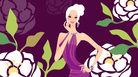 :) - girl, vector, flower, fantasy, white, purple, woman, green, rose