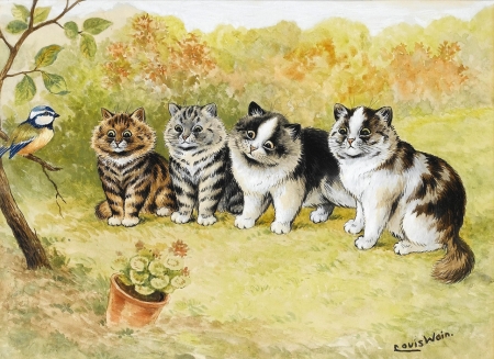 Cats and bird - blue tit, art, bird, pisici, flower, louis william wain, garden, cat