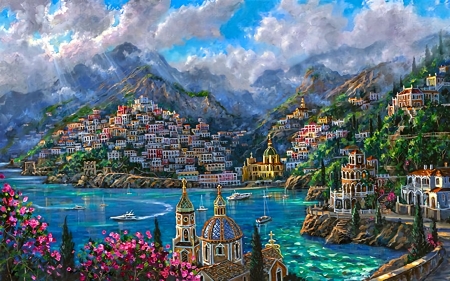 Morning View, Positano Coast - artwork, houses, italy, mountains, painting, sea, village