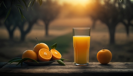Glass of oranges juice - garden, juice, oranges, ripe