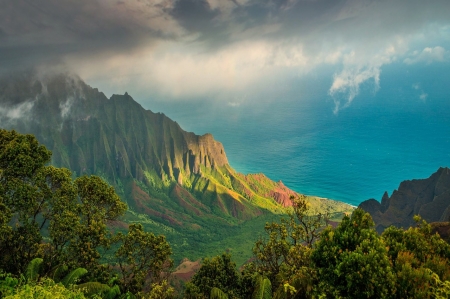 Island near the sea - egbolt, fak, felhok, hegyek, sziget, tajkep, tenger, termeszet