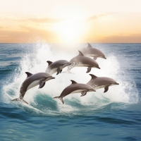 dolphins jumping at sunset