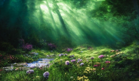 Sunbeams in the wildflower forest - erdo, fak, folyam, napsugarak, novenyzet, szines, vadviragok