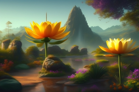 Lotus in a lake - Lake, Flowers, Painting, Mountains