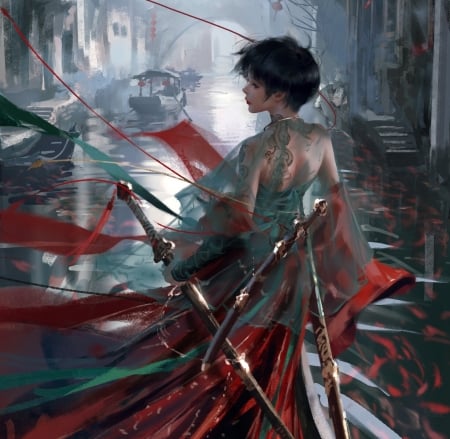 :) - fantasy, wlop, red, katana, girl, sword, art