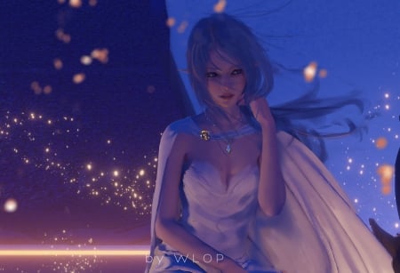 Night - blue, wlop, girl, night, light, lantern, ghostblade, fantasy, wind, princess, art