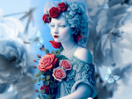 Lady In Blue - red, bright, flowers, girl, colorful, blue, white, roses, vibrant, butterflies, vivid, bold