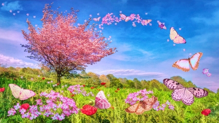 Colors of Spring - artwork, birds, blooming, blossoms, butterflies, flowers, painting, tree