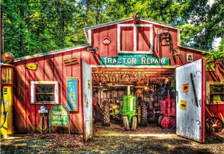 Tractor Repair - artwork, barn, painting, trees, workshop