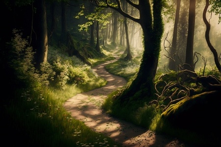 Road through the forest - erdo, fak, novenyzet, termeszet, ut, vadviragok