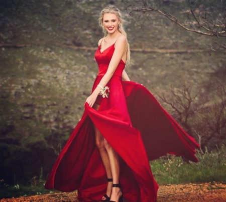 LIZAAN MOMBERG IN SCARLET RED DRESS - black heels, wrist corsage, red dress, blonde, looking at viewer, smiling