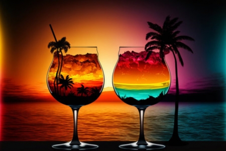 Cocktail glasses - Sunset, Palms, Silhouette, Fruits