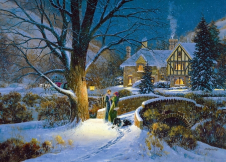Winter splendor - iarna, snow, pictura, couple, romance, winter, blue, white, douglas laird, art, painting