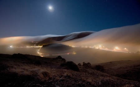 ROADS ON MOUNTAINS - moon, roads, night, mountains, lights