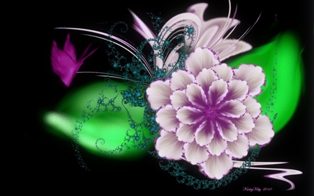 Fractal Bouquet & Butterfly - flower, pink, bouquet, cg, digital paint, black, purple, green, painting, digital, butterfly, fractals, 3d, floral, fractal