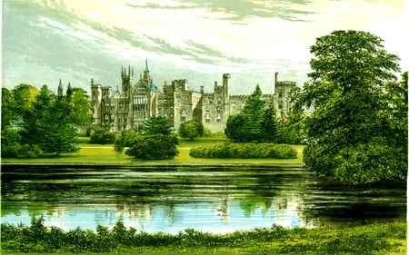 NATURE IN PAINTING - nature, painting, lake, castle