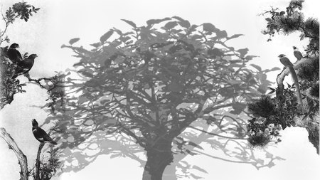 Oriental Design - widescreen, abstract, oriental, birds, chinese, black and white, bonsai, tree