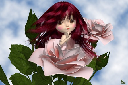 Fairy Roses - red hair, clouds, roses, blue, fairy, fae, pink, sky