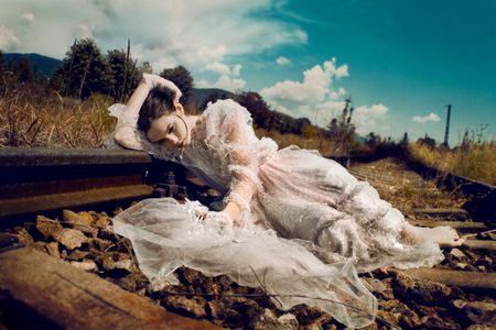 on the rails - dress, girl, railroad, sky