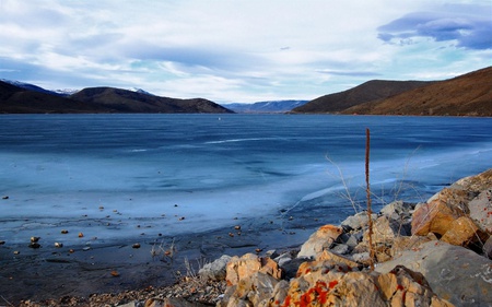 WINTER IS DYING - beach, flowers mountains, winter, dying, rocks