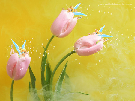 TINKERBELL WITH TULIPS - tulips, tinkerbell, pink