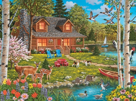 Springtime At The Lake - artwork, bridge, chairs, deer, dogs, ducks, flowers, house, painting, trees