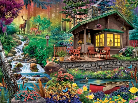 Cabin in the Woods - artwork, boat, flowers, house, painting, river, trees