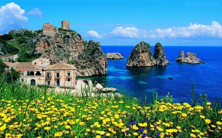 Sicily Italy - sea, Italy, flowers, Sicily