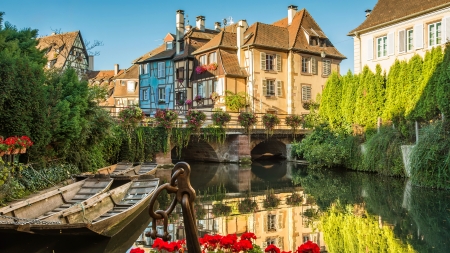 Colmar, France - town, Europe, beautiful, reflection, flowers, boats, river, village, picturesque, canal, lake, houses, bridge