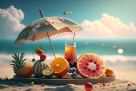 Summer holiday - Holiday, Umbrella, Fruits, Beach