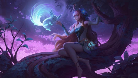 Fantasy girl - girl, daoletrong, tree, night, dao le trong, purple, bunny, fantasy, game, lol, rabbit