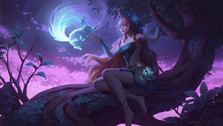 Fantasy girl - rabbit, game, girl, dao le trong, night, lol, bunny, tree, fantasy, purple, daoletrong